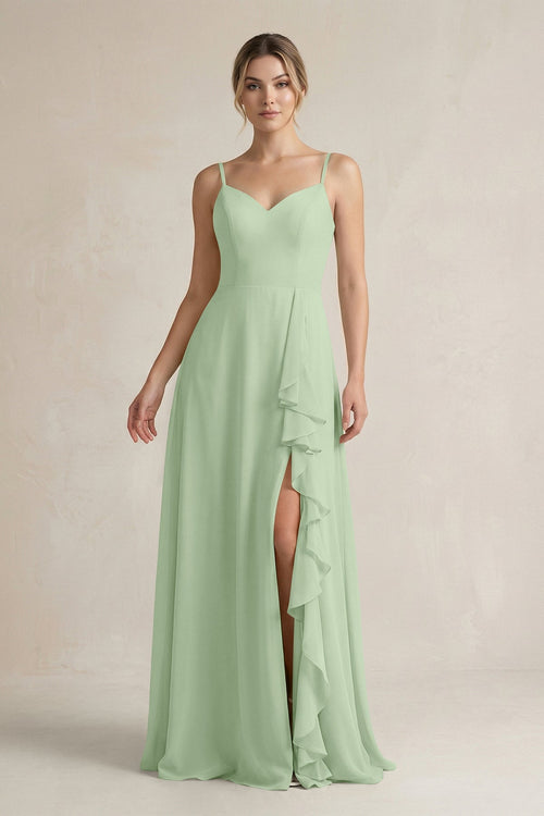 Sweetheart Ruffled A - Line Chiffon Bridesmaid Dress with Slit in Sage - SHE IS ME Bridesmaid Dresses