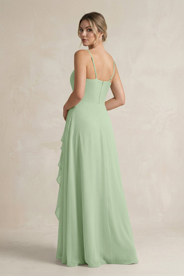 Sweetheart Ruffled A - Line Chiffon Bridesmaid Dress with Slit in Sage - SHE IS ME Bridesmaid Dresses