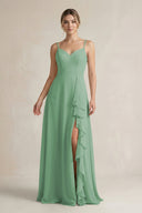Sweetheart Ruffled A - Line Chiffon Bridesmaid Dress with Slit in Sea Glass - SHE IS ME Bridesmaid Dresses