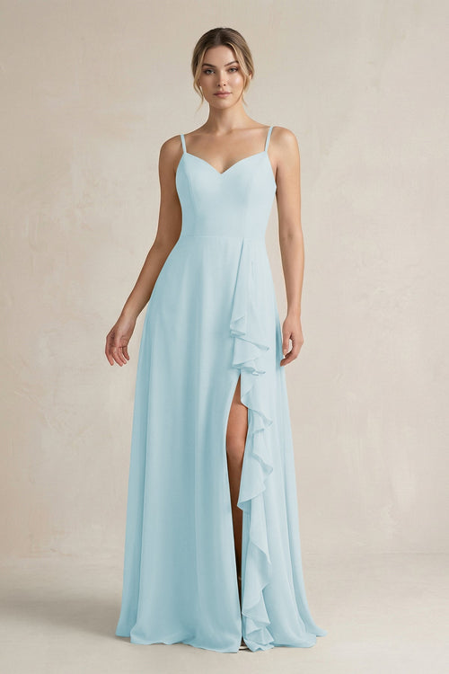 Sweetheart Ruffled A - Line Chiffon Bridesmaid Dress with Slit in Sky Blue - SHE IS ME Bridesmaid Dresses