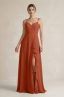 Sweetheart Ruffled A - Line Chiffon Bridesmaid Dress with Slit in Spice - SHE IS ME Bridesmaid Dresses