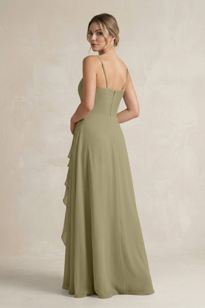 Sweetheart Ruffled A - Line Chiffon Bridesmaid Dress with Slit in Thyme - SHE IS ME Bridesmaid Dresses