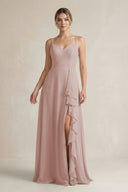 Sweetheart Ruffled A - Line Chiffon Bridesmaid Dress with Slit in Toffee - SHE IS ME Bridesmaid Dresses