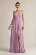 Sweetheart Ruffled A - Line Chiffon Bridesmaid Dress with Slit in Wisteria - SHE IS ME Bridesmaid Dresses
