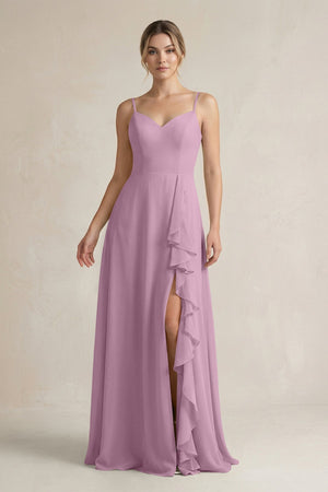 Sweetheart Ruffled A - Line Chiffon Bridesmaid Dress with Slit in Wisteria - SHE IS ME Bridesmaid Dresses