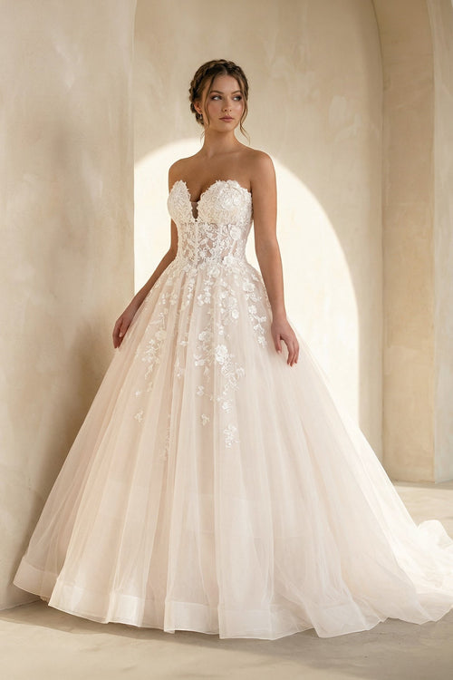 Sweetheart Tulle Ball Gown With Appliques in White and Nude - SHE IS ME Wedding Dresses