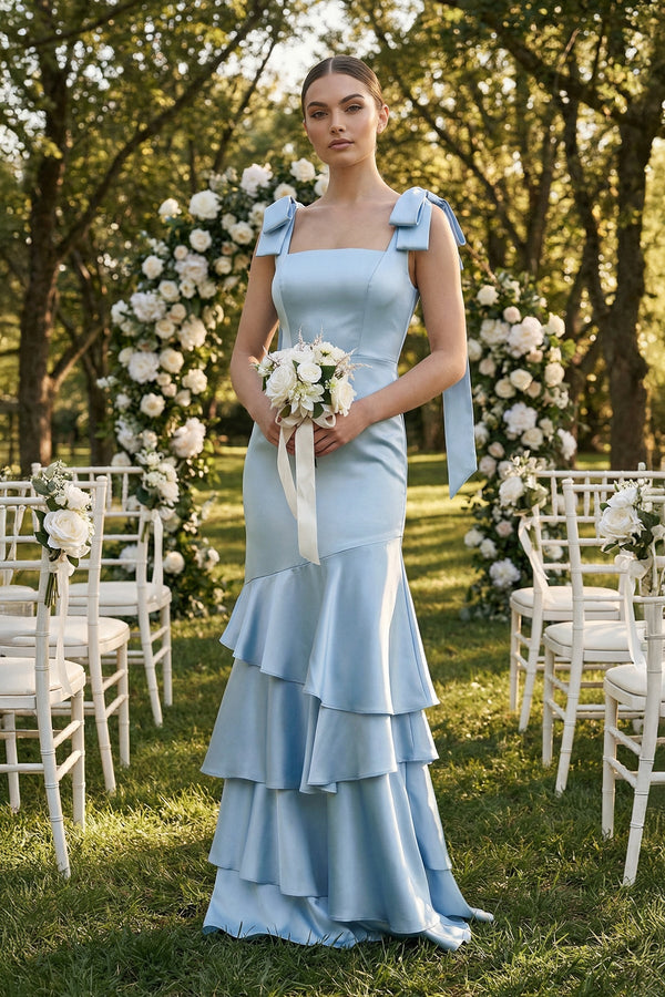 Tiered Maxi Satin Bridesmaid Dress with Bow Straps - SHE IS ME Bridesmaid Dresses