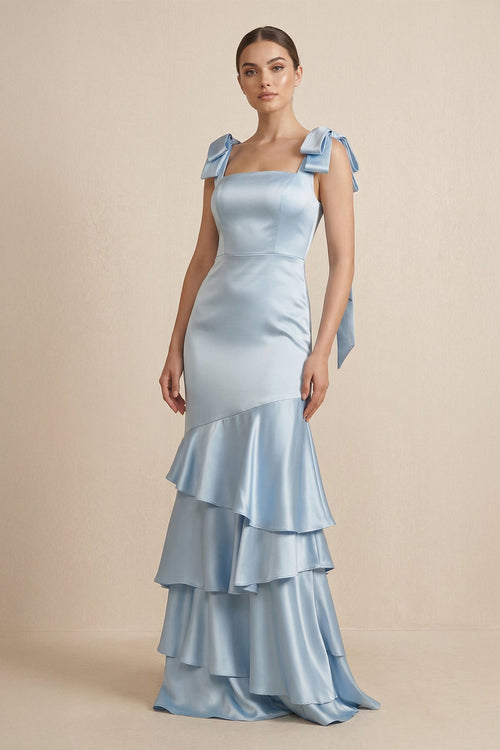 Tiered Maxi Satin Bridesmaid Dress with Bow Straps - SHE IS ME Bridesmaid Dresses
