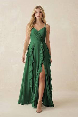 Tiered Ruffle A - Line Chiffon Bridesmaid Dress in Dark Green - SHE IS ME Bridesmaid Dresses