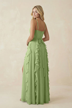 Tiered Ruffle A - Line Chiffon Bridesmaid Dress in Matcha - SHE IS ME Bridesmaid Dresses
