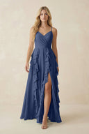 Tiered Ruffle A - Line Chiffon Bridesmaid Dress in Navy - SHE IS ME Bridesmaid Dresses