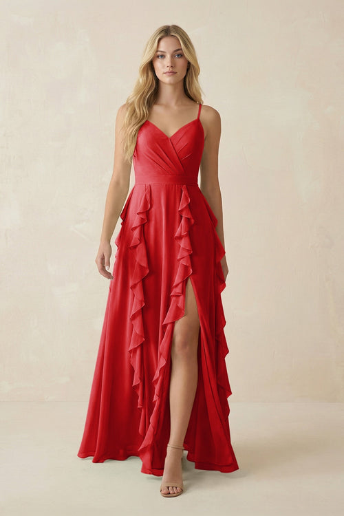 Tiered Ruffle A - Line Chiffon Bridesmaid Dress in Ruby Red - SHE IS ME Bridesmaid Dresses