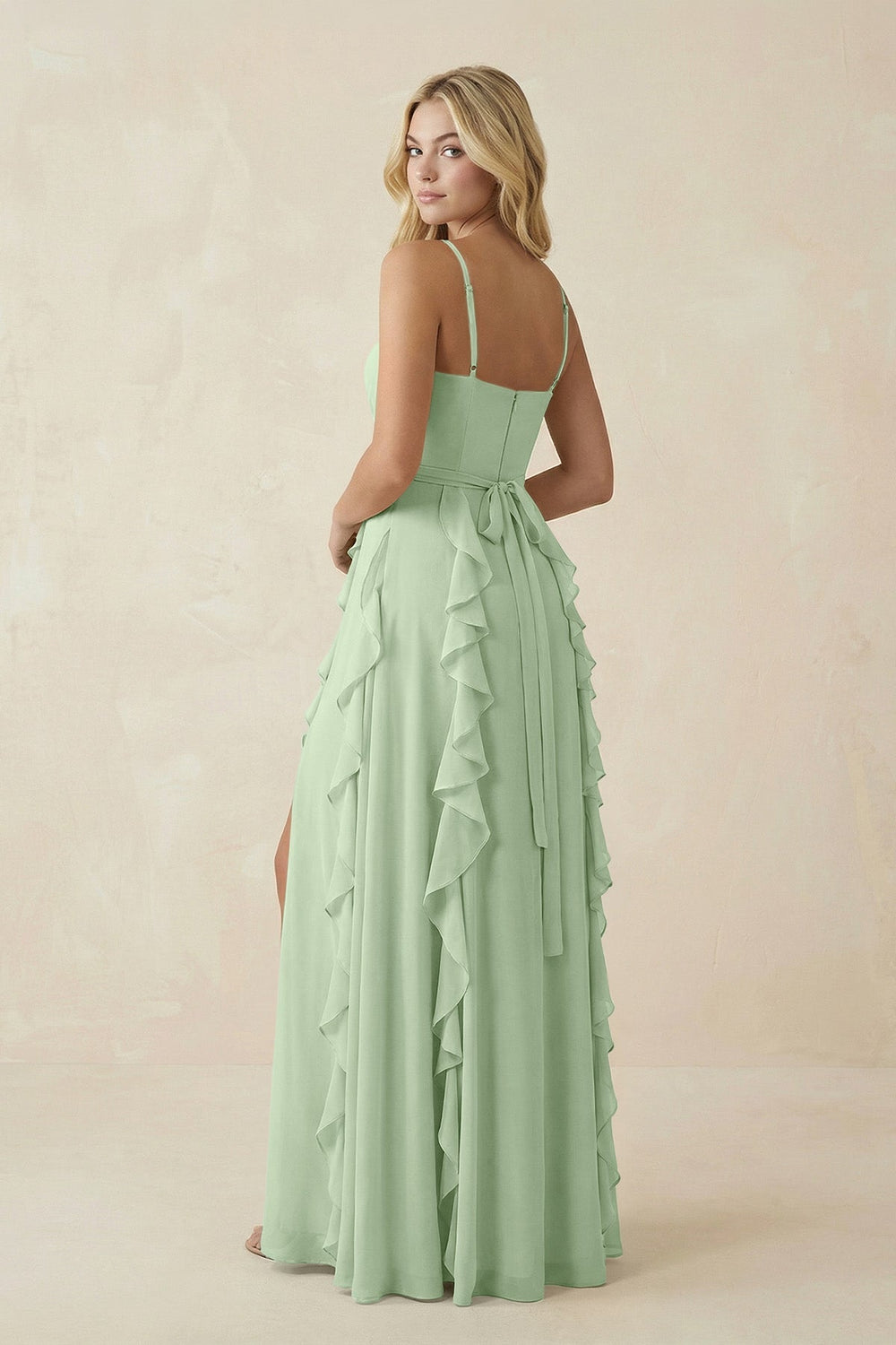 Tiered Ruffle A - Line Chiffon Bridesmaid Dress in Sage - SHE IS ME Bridesmaid Dresses