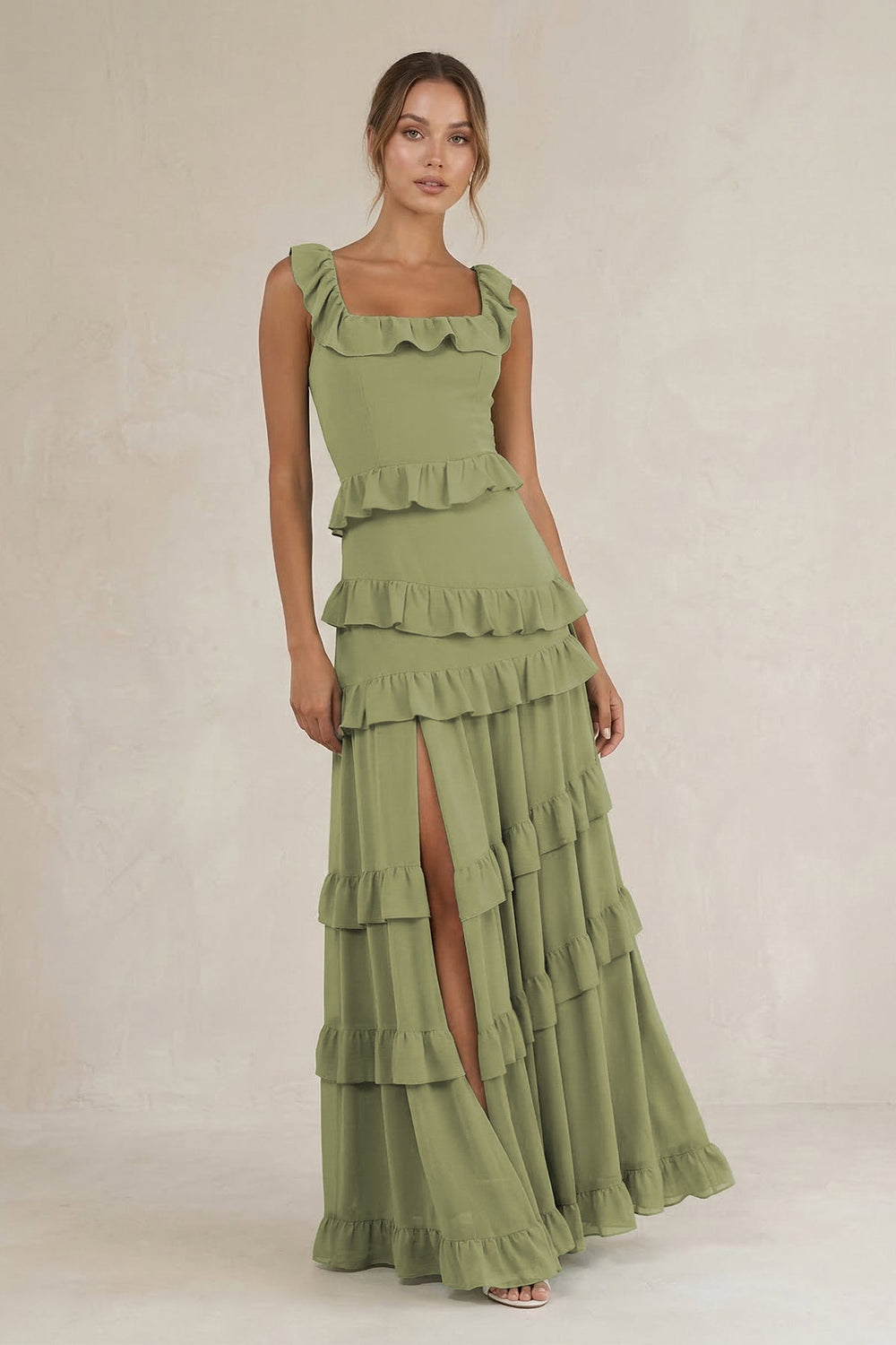 Tiered Square Neck Ruffled A - Line Bridesmaid Dress in Moss Green - SHE IS ME Bridesmaid Dresses