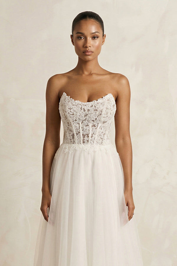 Tulle A - Line Strapless Corset Wedding Dress in Ivory - SHE IS ME Wedding Dresses