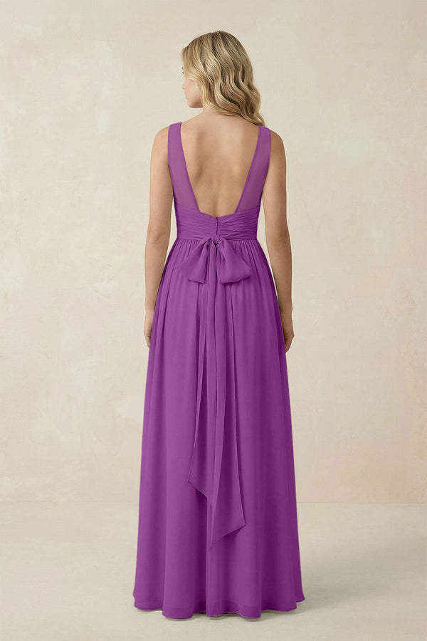 V - Neck A - Line Bridesmaid Dress with Back Bow in Amethyst - SHE IS ME Bridesmaid Dresses