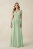 V - Neck A - Line Bridesmaid Dress with Back Bow in Sage - SHE IS ME Bridesmaid Dresses