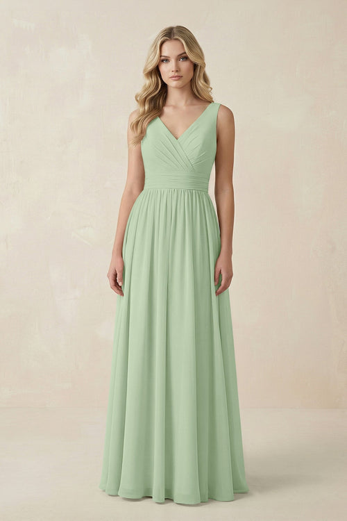 V - Neck A - Line Bridesmaid Dress with Back Bow in Sage - SHE IS ME Bridesmaid Dresses