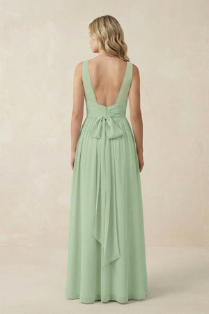 V - Neck A - Line Bridesmaid Dress with Back Bow in Sage - SHE IS ME Bridesmaid Dresses