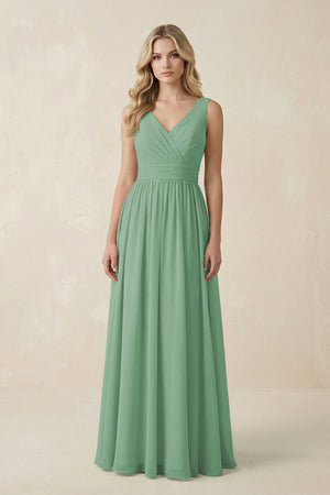 V - Neck A - Line Bridesmaid Dress with Back Bow in Sea Glass - SHE IS ME Bridesmaid Dresses