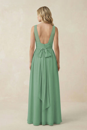 V - Neck A - Line Bridesmaid Dress with Back Bow in Sea Glass - SHE IS ME Bridesmaid Dresses