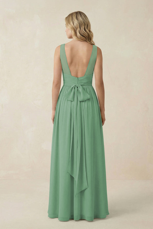 V - Neck A - Line Bridesmaid Dress with Back Bow in Sea Glass - SHE IS ME Bridesmaid Dresses