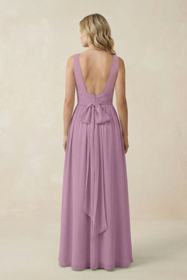 V - Neck A - Line Bridesmaid Dress with Back Bow in Wisteria - SHE IS ME Bridesmaid Dresses