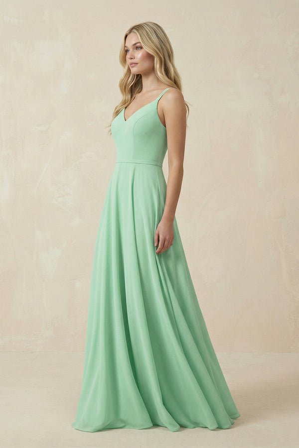 V-Neck A-Line Chiffon Bridesmaid Dress with Crisscross Back in Pale Pistachio - SHE IS ME BRIDESMAID DRESSES