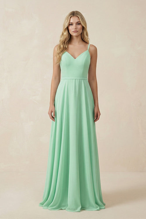 V-Neck A-Line Chiffon Bridesmaid Dress with Crisscross Back in Pale Pistachio - SHE IS ME BRIDESMAID DRESSES