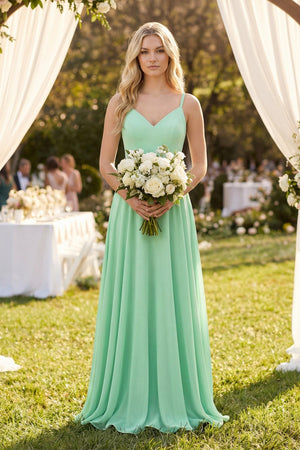 V-Neck A-Line Chiffon Bridesmaid Dress with Crisscross Back in Pale Pistachio - SHE IS ME BRIDESMAID DRESSES