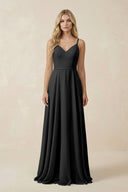 V - Neck A - Line Chiffon Bridesmaid Dress with Crisscross Back in Black - SHE IS ME Bridesmaid Dresses