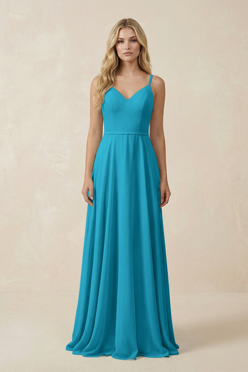 V - Neck A - Line Chiffon Bridesmaid Dress with Crisscross Back in Blue Jay - SHE IS ME Bridesmaid Dresses
