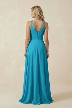 V - Neck A - Line Chiffon Bridesmaid Dress with Crisscross Back in Blue Jay - SHE IS ME Bridesmaid Dresses