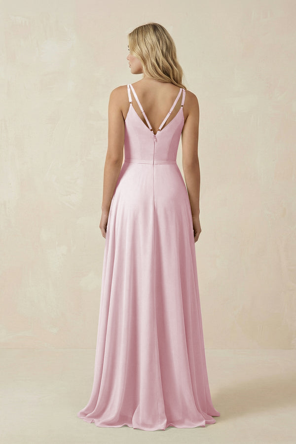 V - Neck A - Line Chiffon Bridesmaid Dress with Crisscross Back in Candy Pink - SHE IS ME Bridesmaid Dresses
