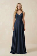 V - Neck A - Line Chiffon Bridesmaid Dress with Crisscross Back in Dark Navy - SHE IS ME Bridesmaid Dresses