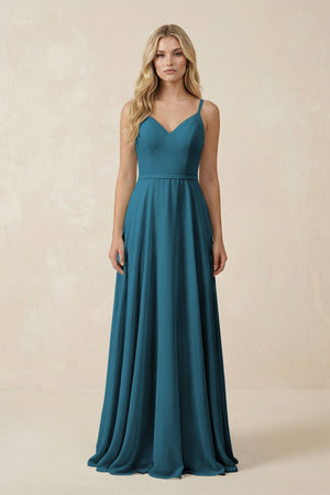 V - Neck A - Line Chiffon Bridesmaid Dress with Crisscross Back in Dark Teal - SHE IS ME Bridesmaid Dresses