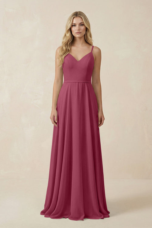 V - Neck A - Line Chiffon Bridesmaid Dress with Crisscross Back in Desert Rose - SHE IS ME Bridesmaid Dresses