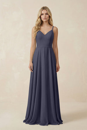 V - Neck A - Line Chiffon Bridesmaid Dress with Crisscross Back in Dusk Blue - SHE IS ME Bridesmaid Dresses