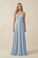 V - Neck A - Line Chiffon Bridesmaid Dress with Crisscross Back in Dusty Blue - SHE IS ME Bridesmaid Dresses