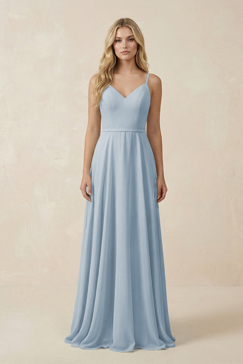 V - Neck A - Line Chiffon Bridesmaid Dress with Crisscross Back in Dusty Blue - SHE IS ME Bridesmaid Dresses