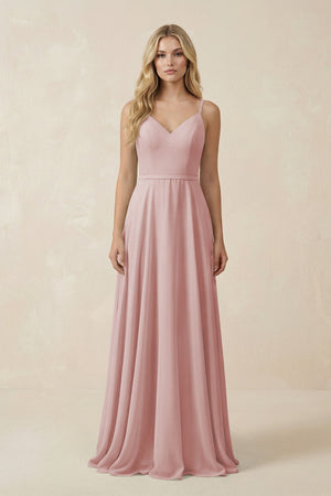 V - Neck A - Line Chiffon Bridesmaid Dress with Crisscross Back in Dusty Rose - SHE IS ME Bridesmaid Dresses