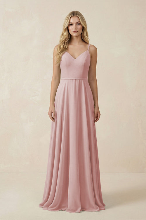 V - Neck A - Line Chiffon Bridesmaid Dress with Crisscross Back in Dusty Rose - SHE IS ME Bridesmaid Dresses