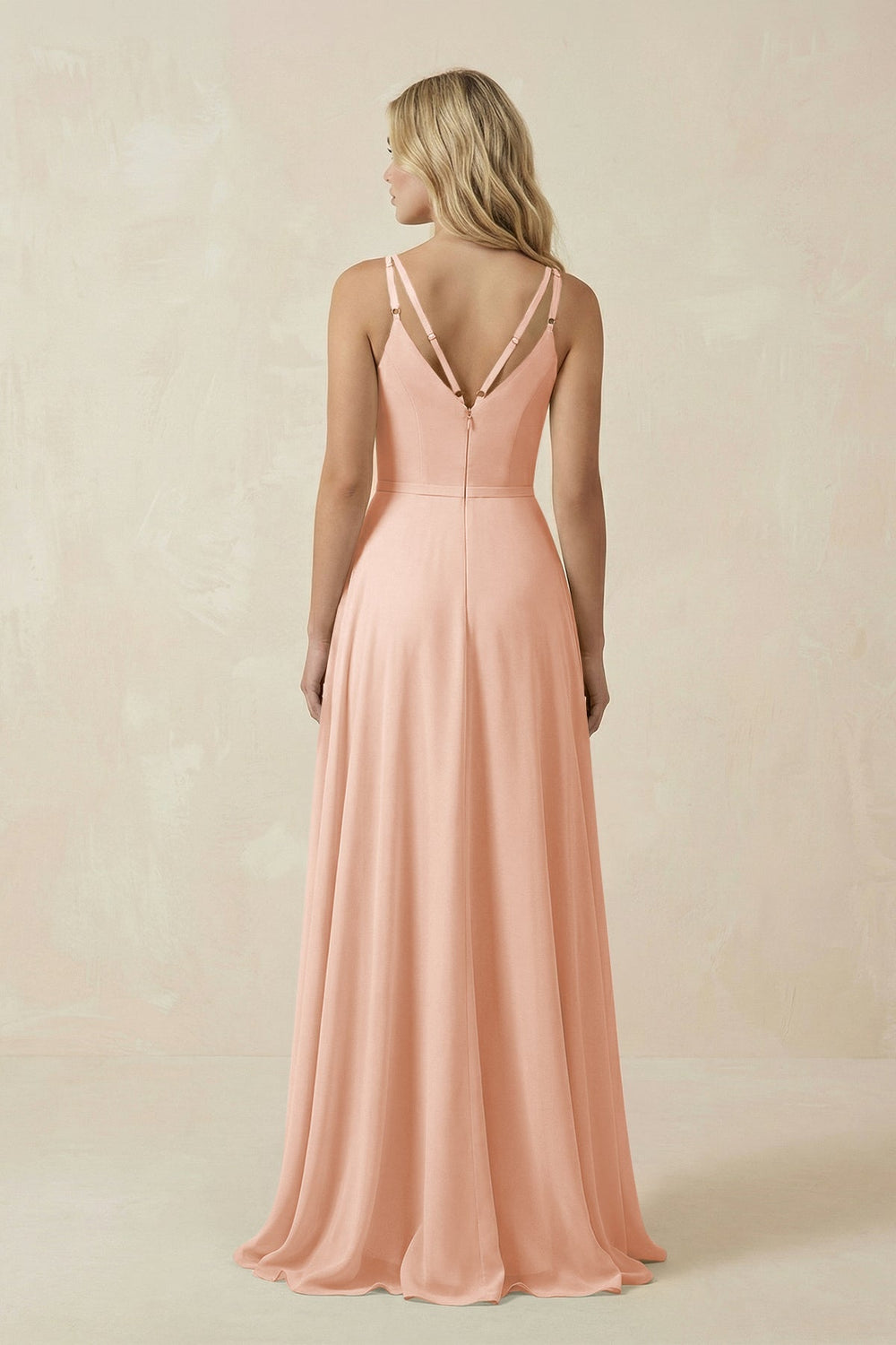 V - Neck A - Line Chiffon Bridesmaid Dress with Crisscross Back in English Rose - SHE IS ME Bridesmaid Dresses