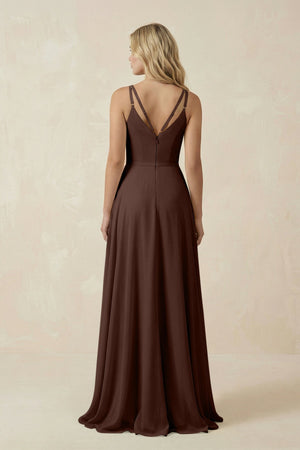 V - Neck A - Line Chiffon Bridesmaid Dress with Crisscross Back in Espresso - SHE IS ME Bridesmaid Dresses