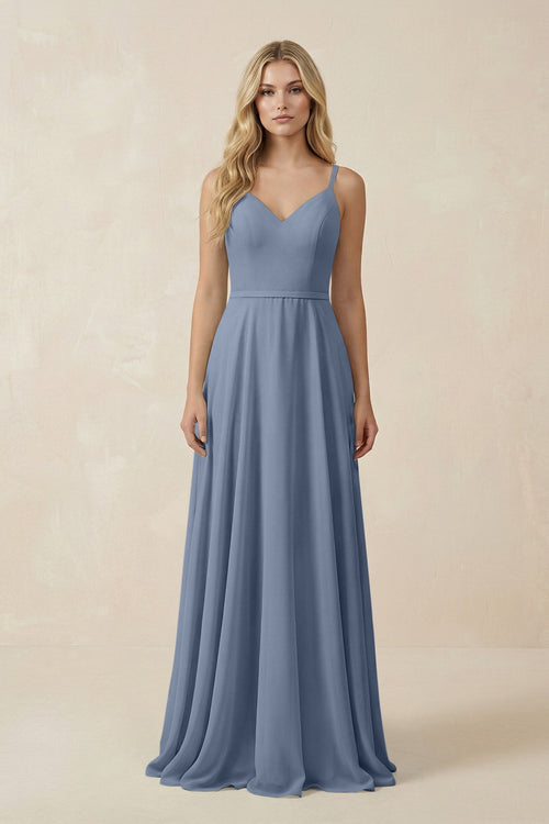 V - Neck A - Line Chiffon Bridesmaid Dress with Crisscross Back in Neptune - SHE IS ME Bridesmaid Dresses