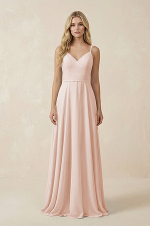 V - Neck A - Line Chiffon Bridesmaid Dress with Crisscross Back in Pale Blush - SHE IS ME Bridesmaid Dresses