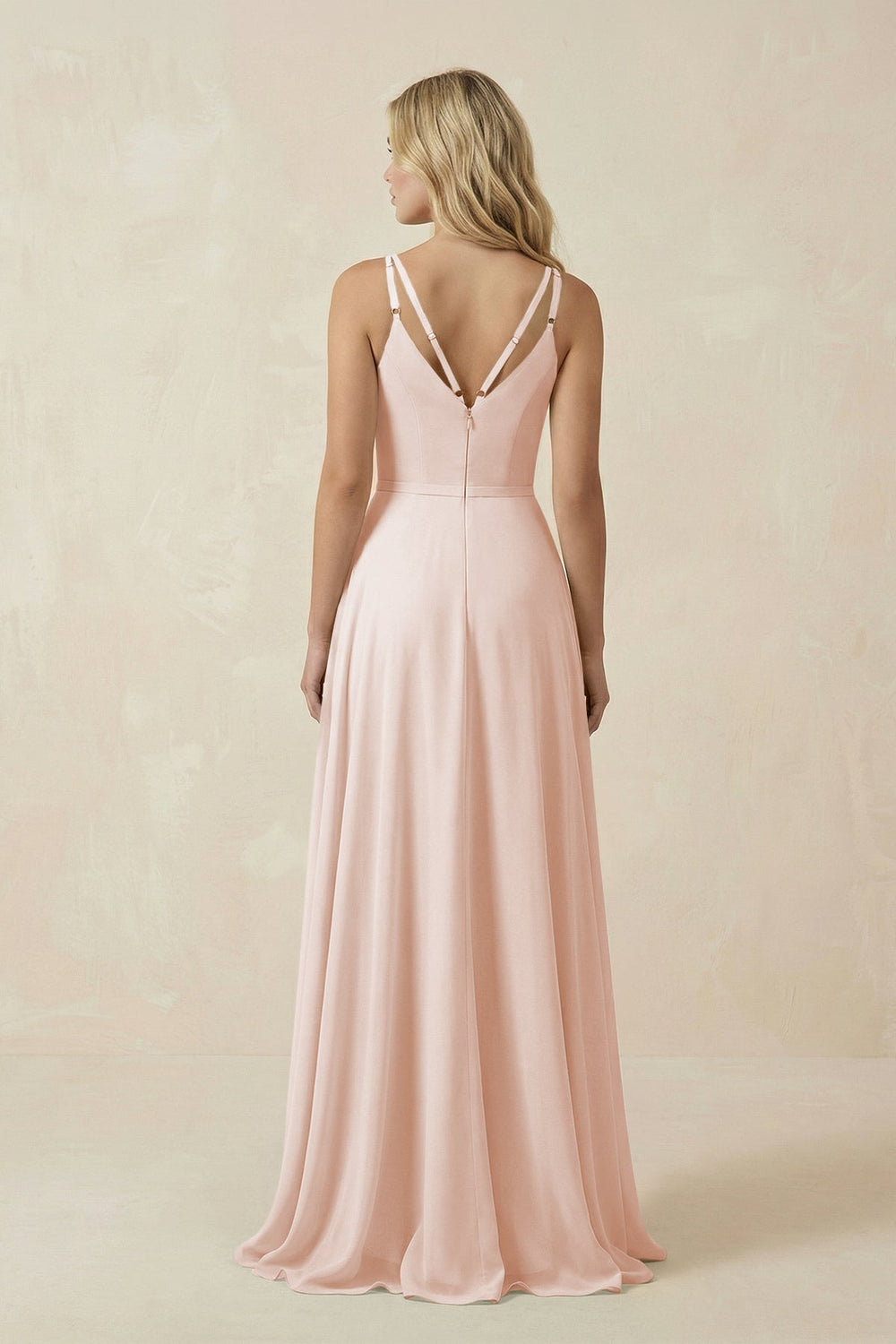 V - Neck A - Line Chiffon Bridesmaid Dress with Crisscross Back in Pale Blush - SHE IS ME Bridesmaid Dresses