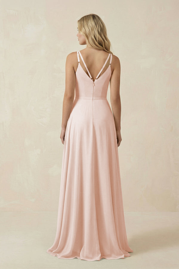 V - Neck A - Line Chiffon Bridesmaid Dress with Crisscross Back in Pale Blush - SHE IS ME Bridesmaid Dresses