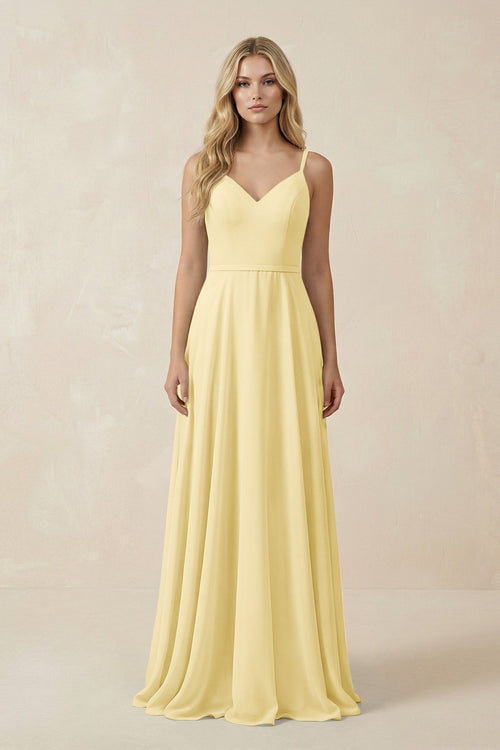 V - Neck A - Line Chiffon Bridesmaid Dress with Crisscross Back in Pastel Yellow - SHE IS ME Bridesmaid Dresses