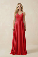 V - Neck A - Line Chiffon Bridesmaid Dress with Crisscross Back in Ruby Red - SHE IS ME Bridesmaid Dresses